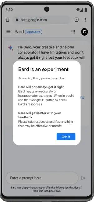 Google Bard Avertissement sur le caractère experimental du chatbot.