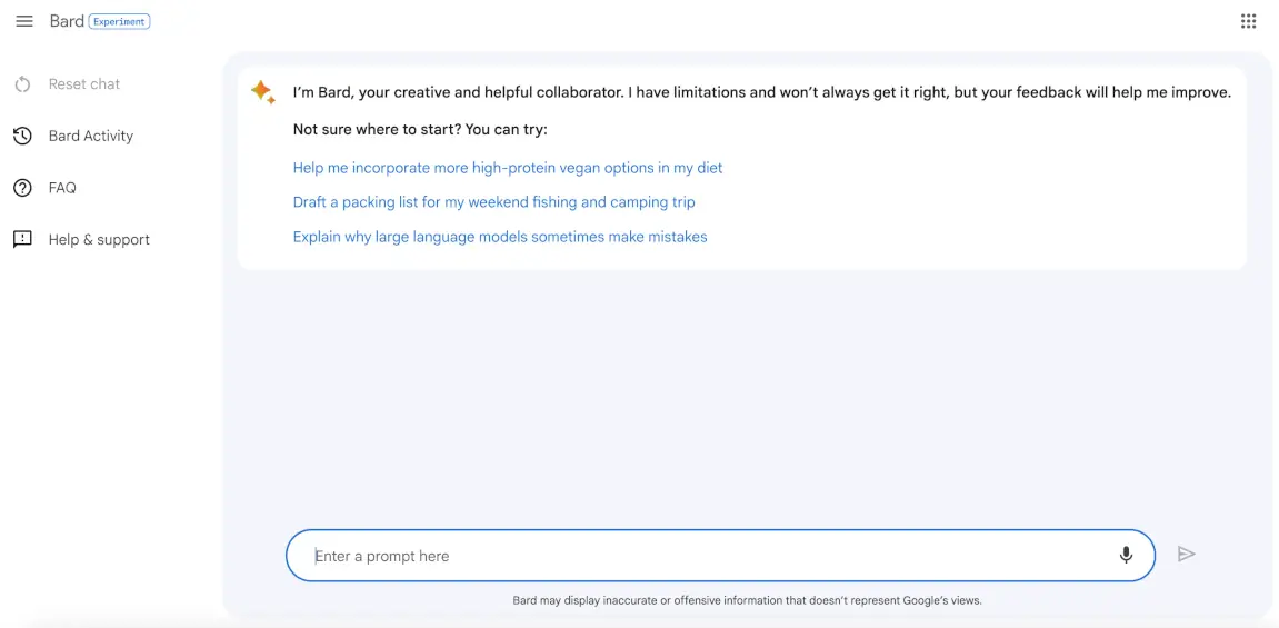 Interface utilisateur de google Bard