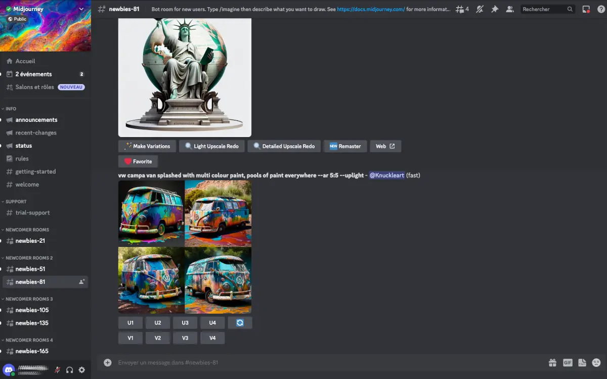 Interface Midjourney sous Discord