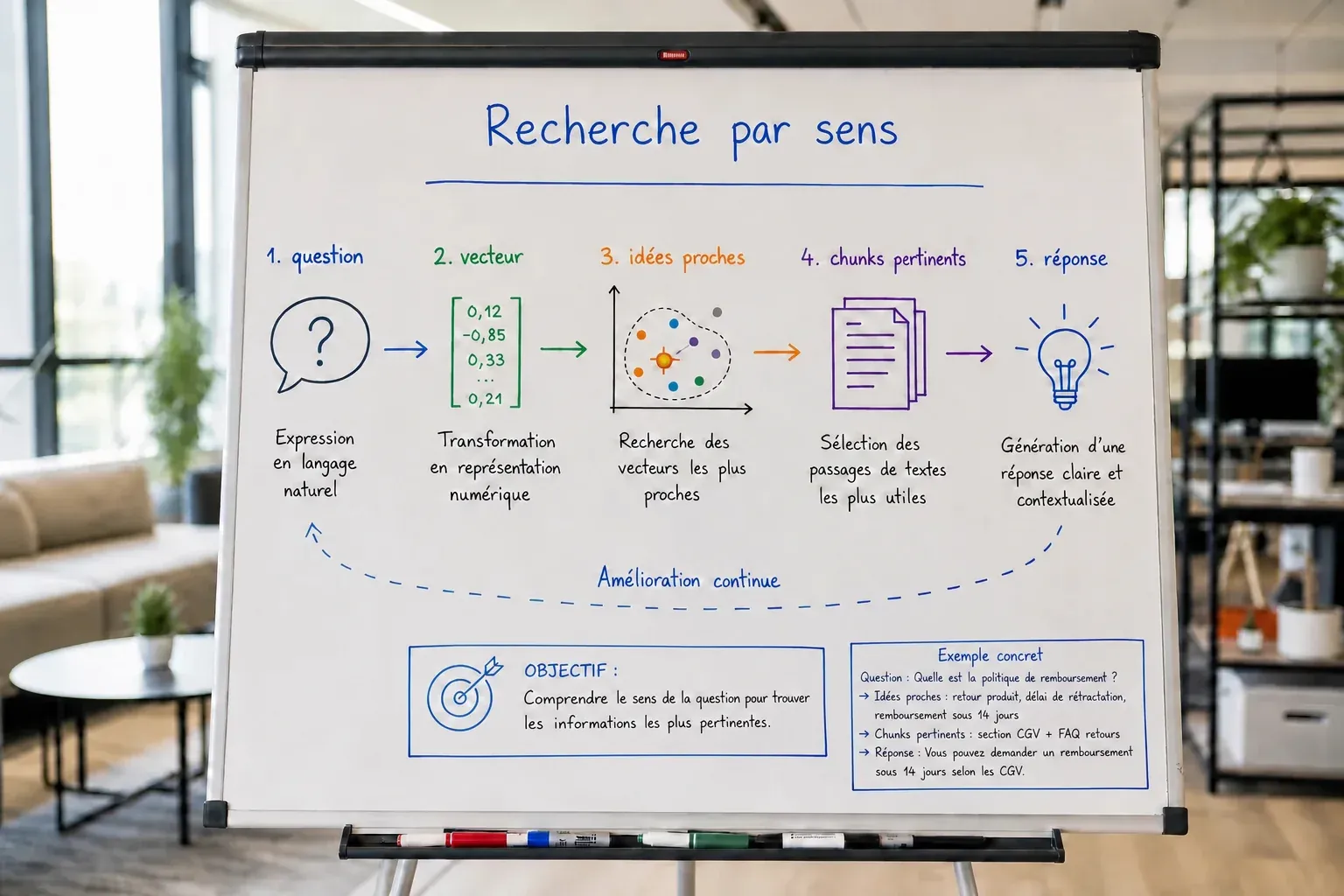 Schéma sur tableau blanc expliquant les étapes de la recherche par sens, de la question à la réponse.