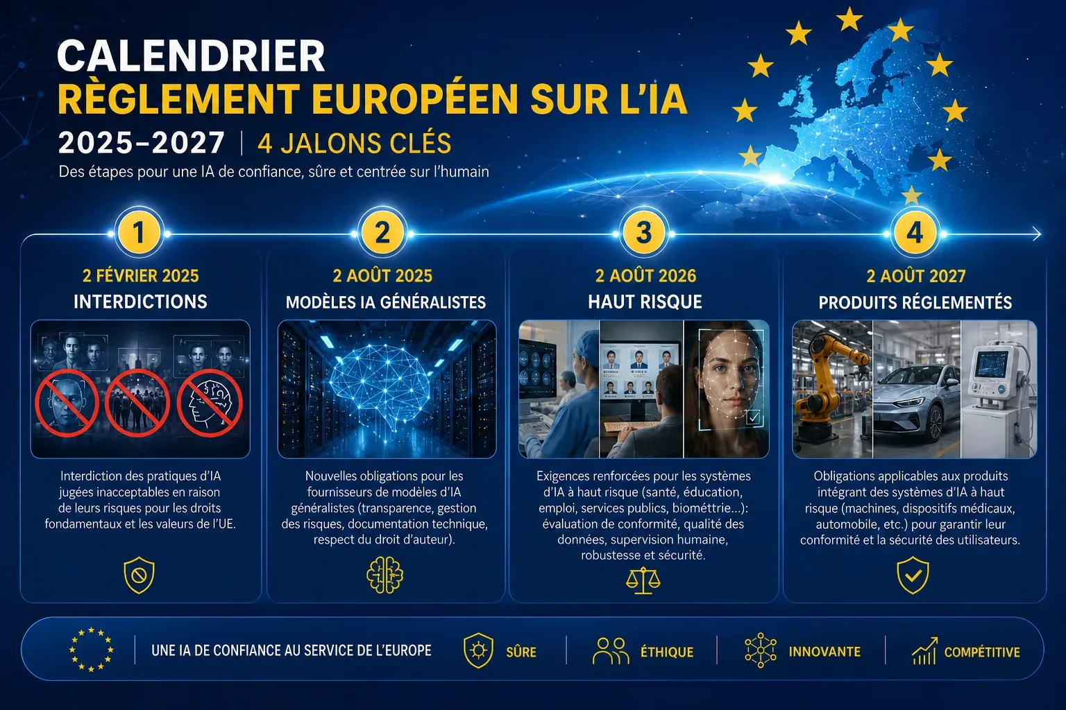 Infographie sur le calendrier 2025-2027 du règlement européen sur l’IA avec quatre étapes clés d’application.