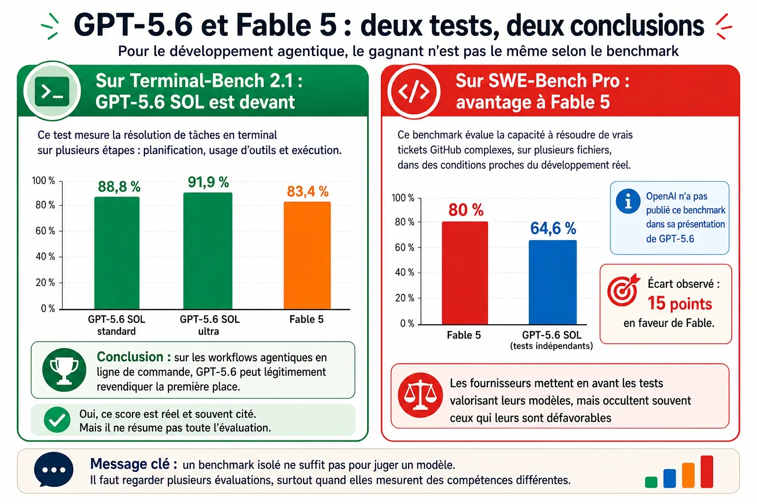 Comparatif de GPT-5.6 et Fable 5 sur Terminal-Bench 2.1 et SWE-Bench Pro, avec des résultats opposés.
