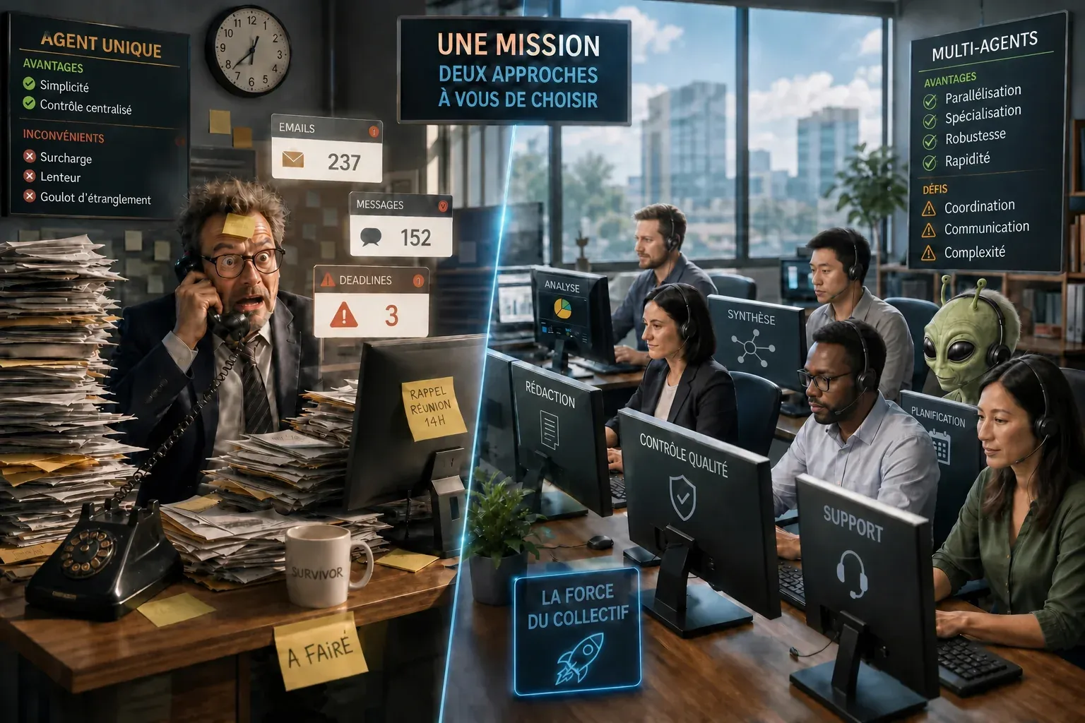 Éditer strictement l’image fournie sans changer le cadrage, la composition, les personnages, les textes, la lumière ni aucun autre élément. Corriger uniquement l’erreur sur la partie gauche : supprimer le combiné de téléphone qui est encore posé/racc