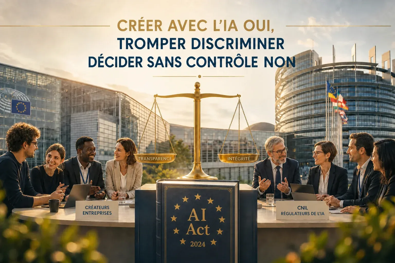 Illustration de l’AI Act européen montrant l’équilibre entre innovation, transparence et régulation de l’IA.