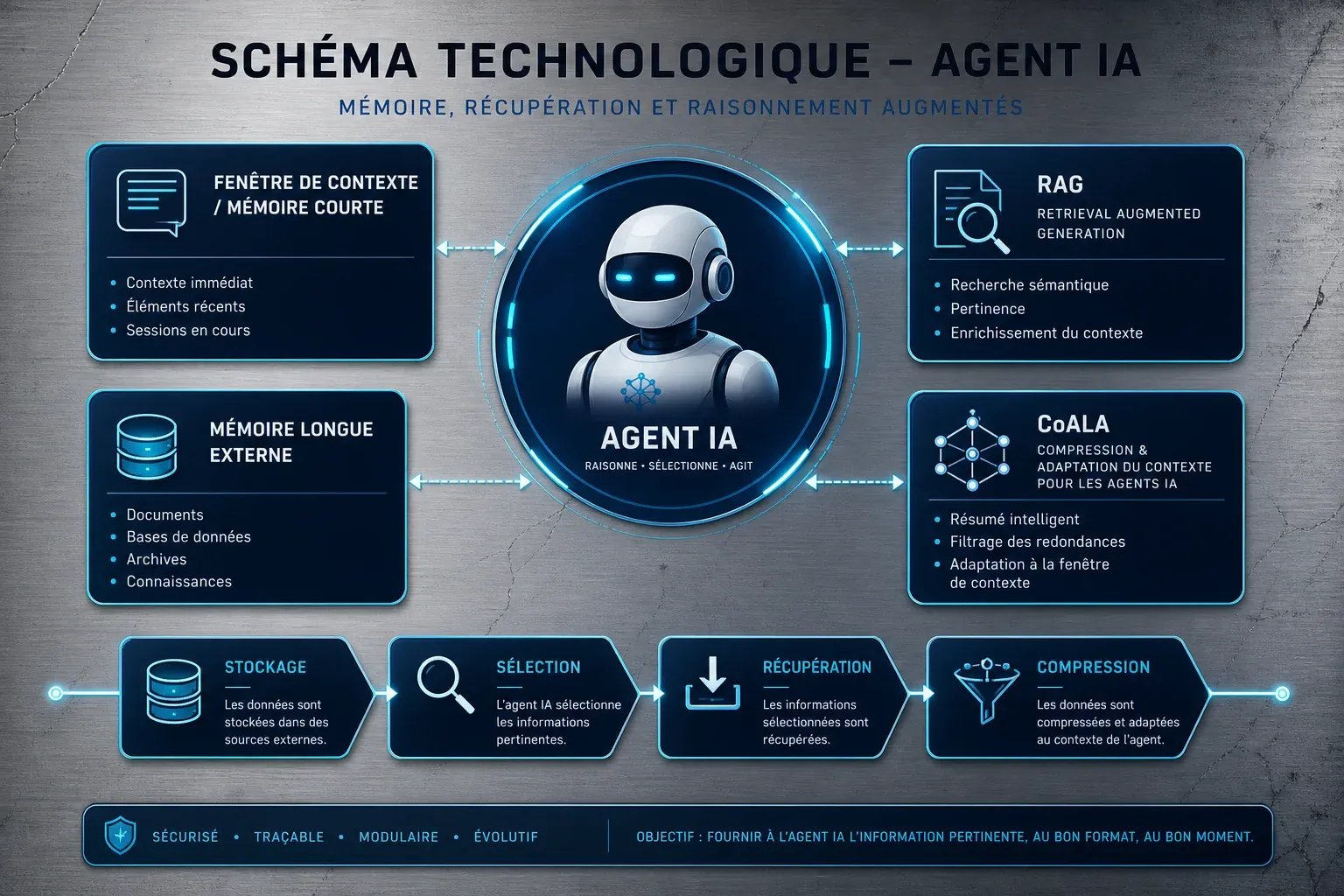 Infographie du schéma technologique d’un agent IA avec mémoire, RAG, CoALA et étapes de stockage à compression.