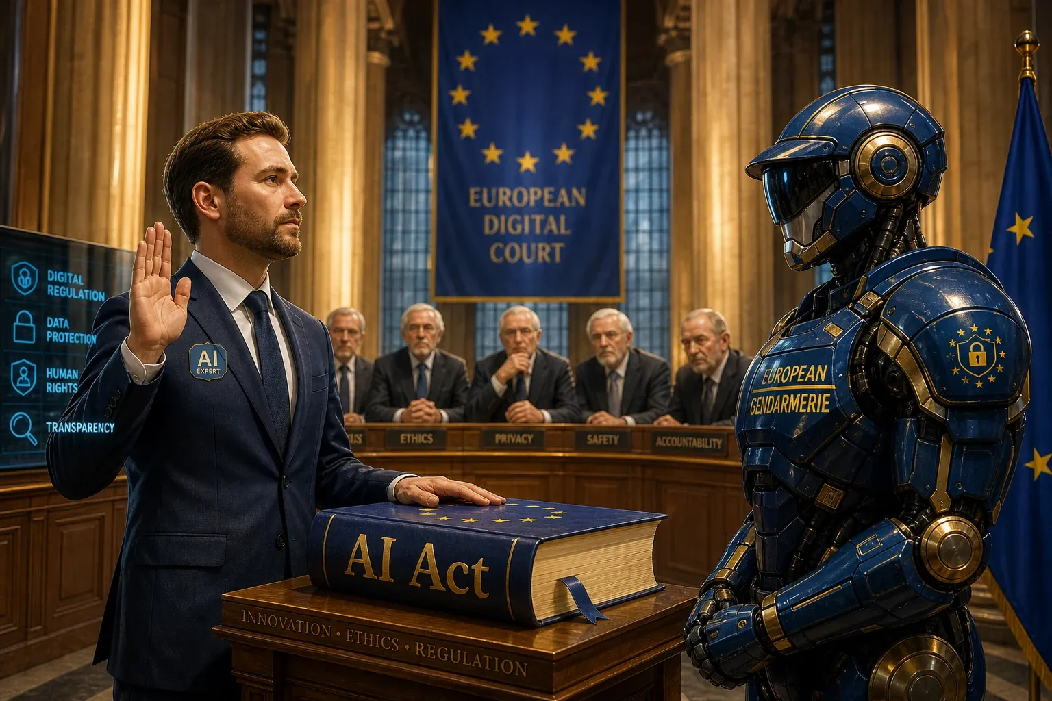 Photomontage premium, lumineux et fun, style explicite et satirique : un professionnel de l’IA en costume, main levée, prêtant serment sur un gros livre marqué « AI Act », devant un robot gendarme européen au design futuriste bleu et or. Décor : trib