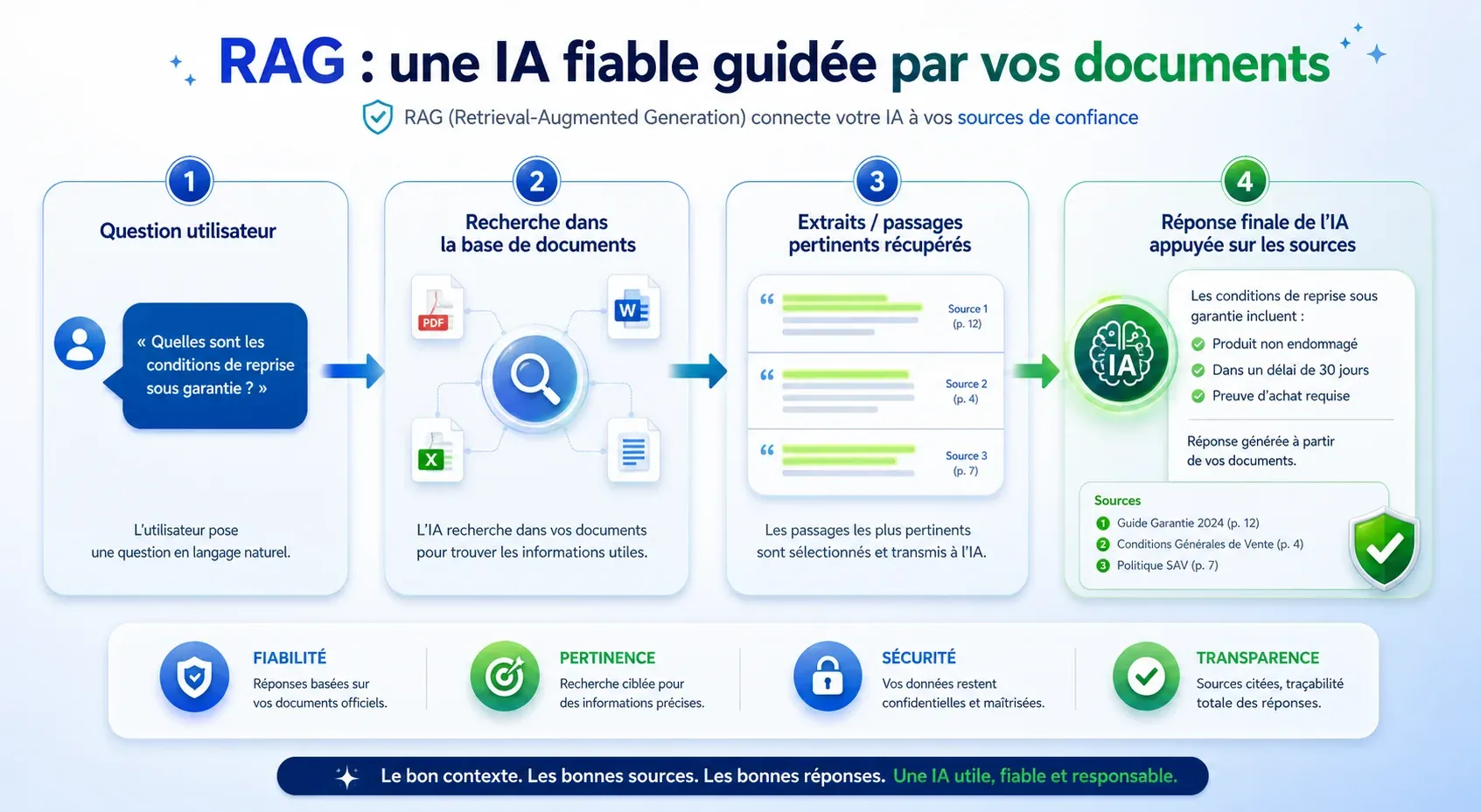 Créer un visuel pédagogique premium en français sur le RAG (Retrieval-Augmented Generation) : montrer clairement qu’une IA fiable est guidée par des documents. Composition en infographie moderne et rassurante, rendu professionnel mémorisable. Mettre 
