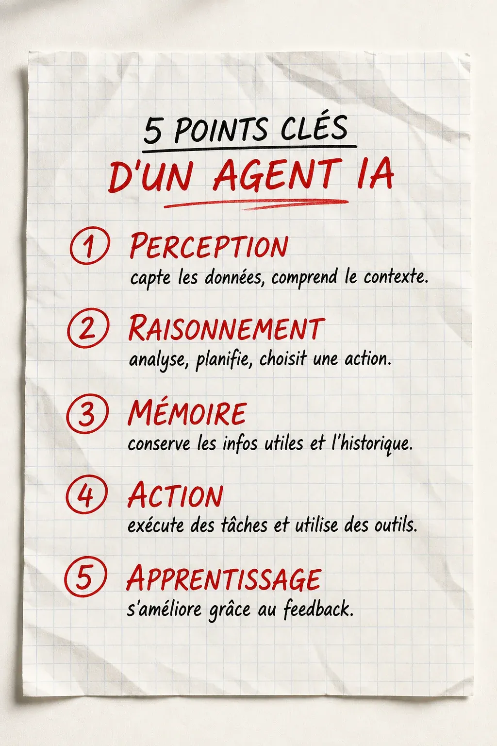 Infographie listant les cinq points clés d’un agent IA : perception, raisonnement, mémoire, action et apprentissage.