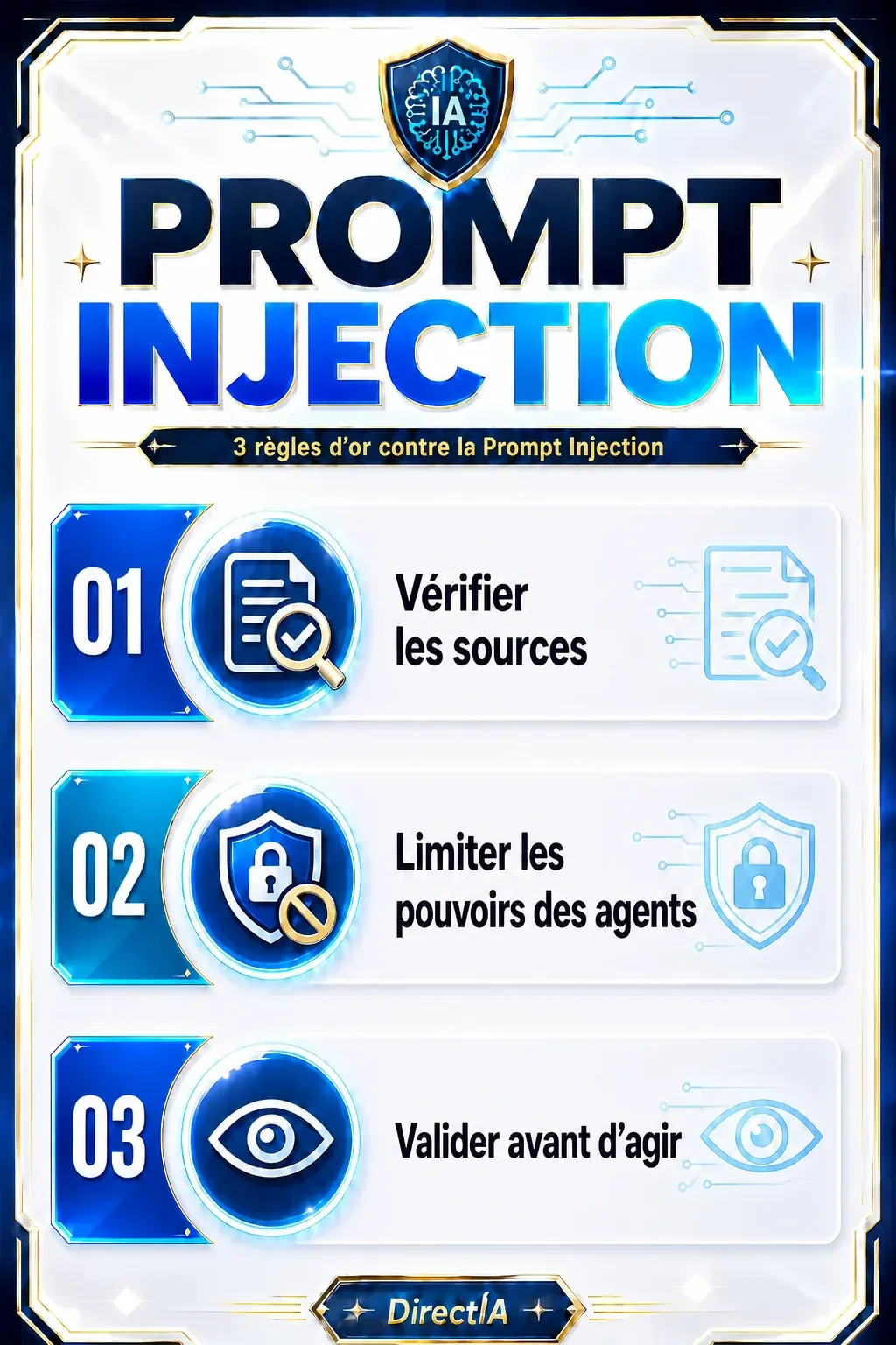 Trois règles contre la prompt injection : vérifier les sources, limiter les pouvoirs et valider avant d’agir.