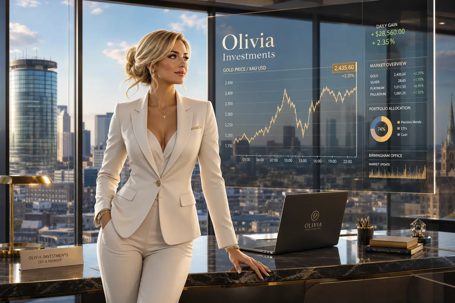 Femme d’affaires dans un bureau devant un tableau de bord d’investissement affichant cours de l’or et portefeuille.