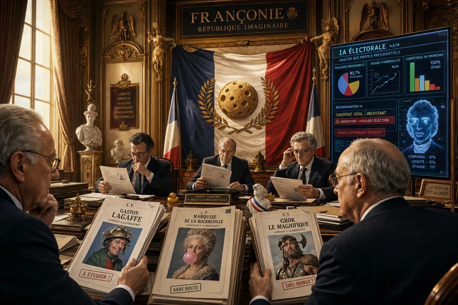 Illustration satirique d’un comité fictif français évaluant des candidats à la présidentielle avec une IA électorale.