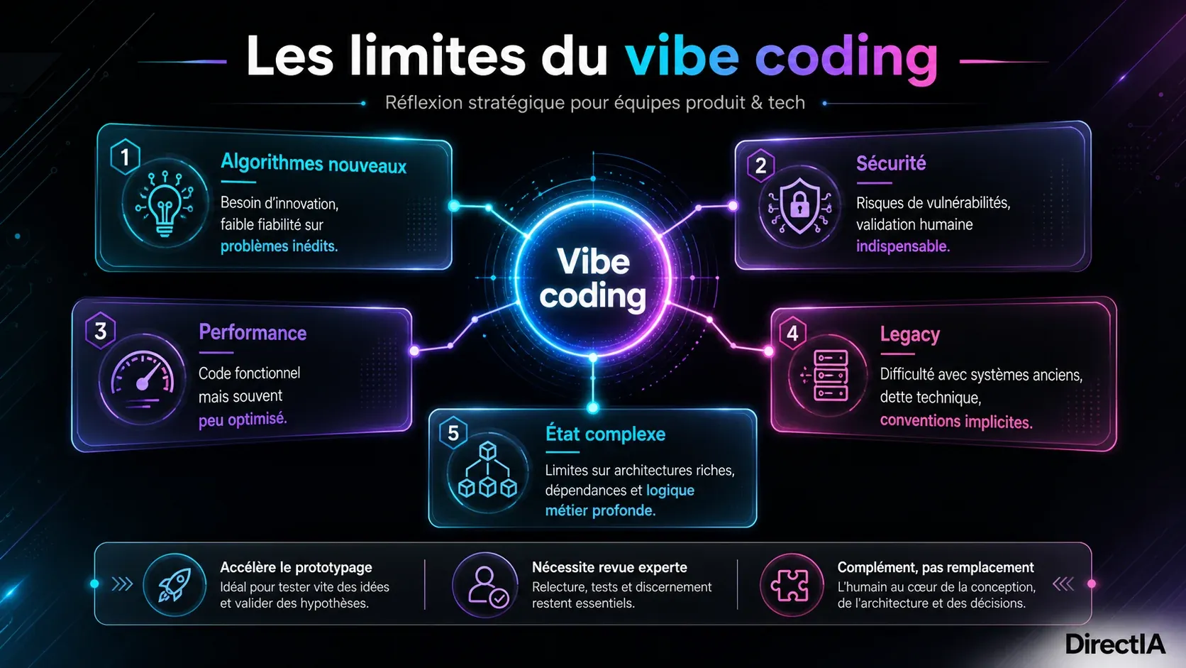 Infographie sur les limites du vibe coding : sécurité, performance, legacy, algorithmes nouveaux et complexité d’état.