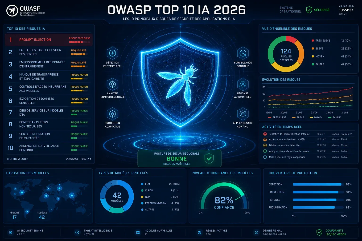 Tableau de bord cybersécurité futuriste affichant « OWASP Top 10 IA 2026 » avec « Prompt Injection » en première position, interface de monitoring avancée, grand bouclier numérique lumineux au centre, signaux d’alerte visibles mais maîtrisés, graphiq