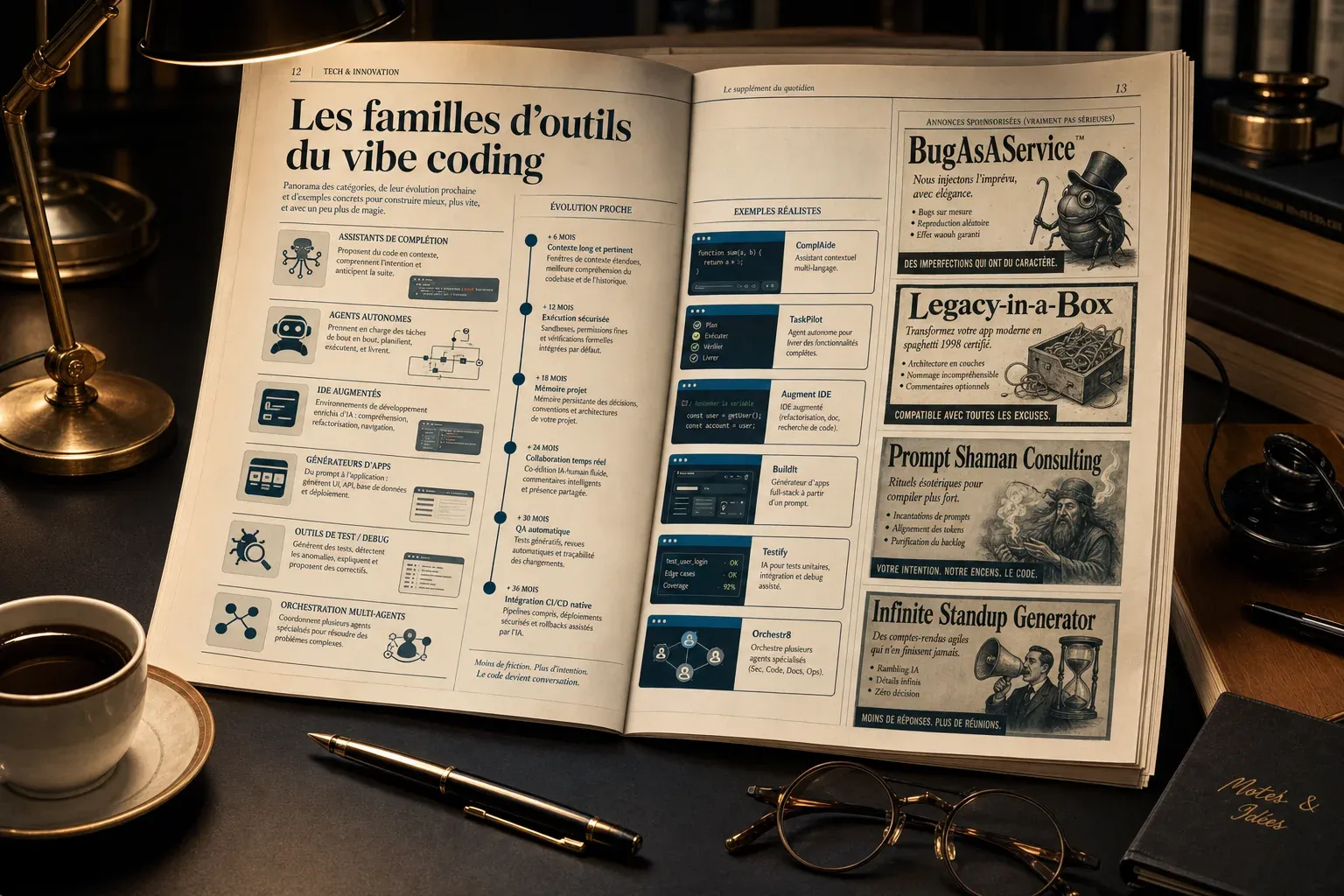 Double page de magazine présentant les familles d’outils du vibe coding avec catégories, exemples et évolution.