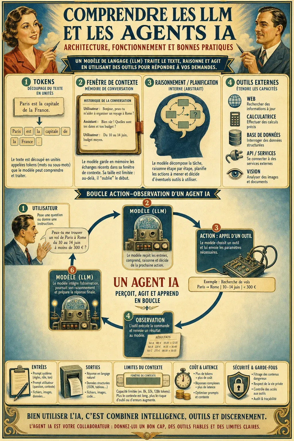 Schéma pédagogique complet sur les LLM et les agents IA, en français, sous forme d’infographie premium très lisible pour formation professionnelle. Inclure visuellement et avec labels clairs : 1) tokens (découpage du texte en unités), 2) fenêtre de c