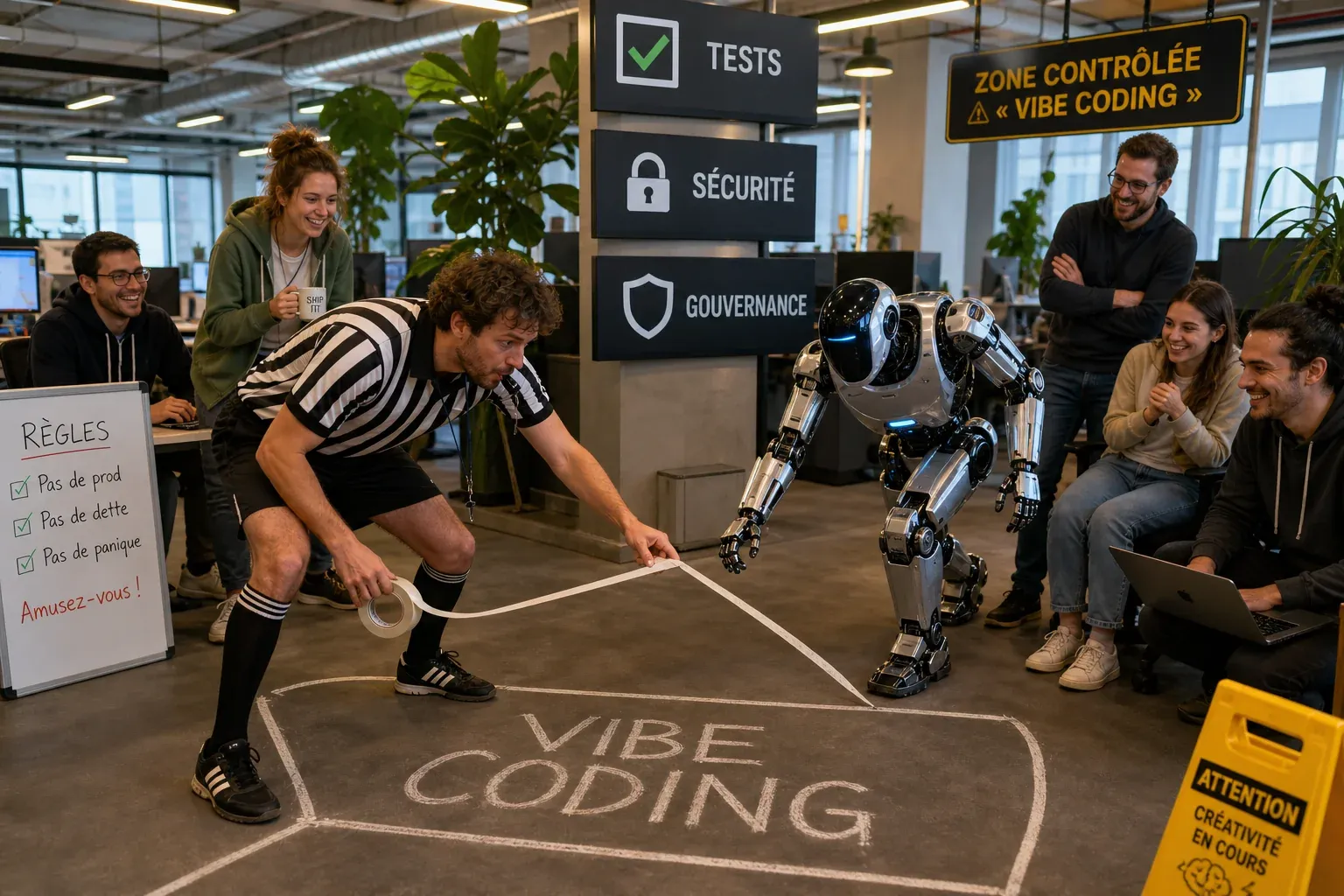 Scène de bureau montrant une équipe et un robot autour d’une zone « Vibe Coding » avec tests, sécurité et gouvernance.