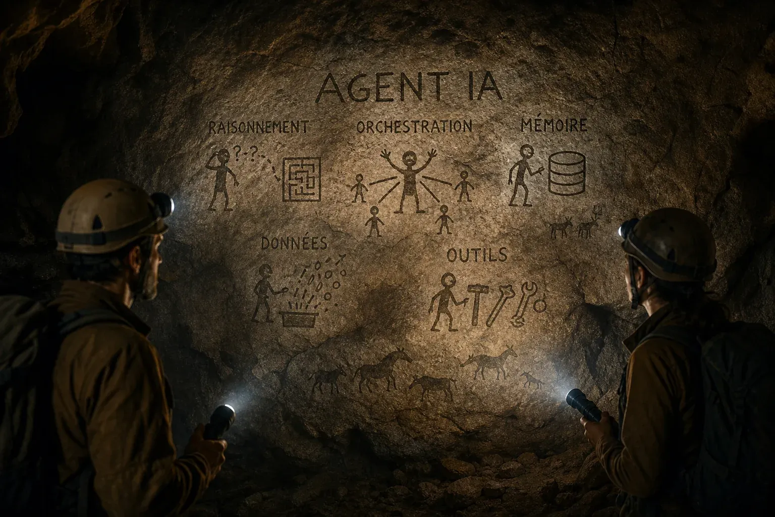 Photo cinématographique premium, explorateurs stupéfaits dans une grotte sombre, ambiance réaliste et spectaculaire, lampes torches éclairant un mur couvert d’inscriptions préhistoriques anachroniques très lisibles et pédagogiques. Les dessins rupest