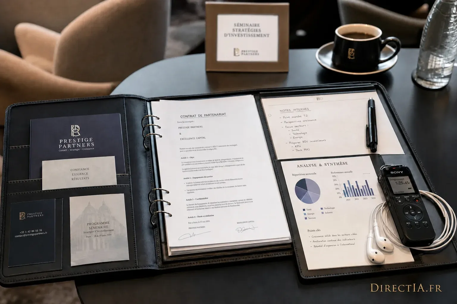 Dossier de séminaire d’investissement avec contrat, graphiques d’analyse et enregistreur sur une table.