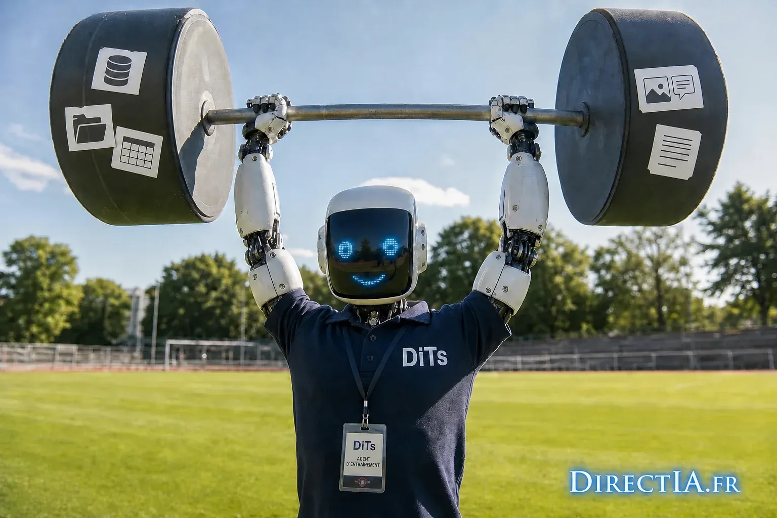 Un robot soulève une barre chargée d’icônes représentant des données et contenus numériques.