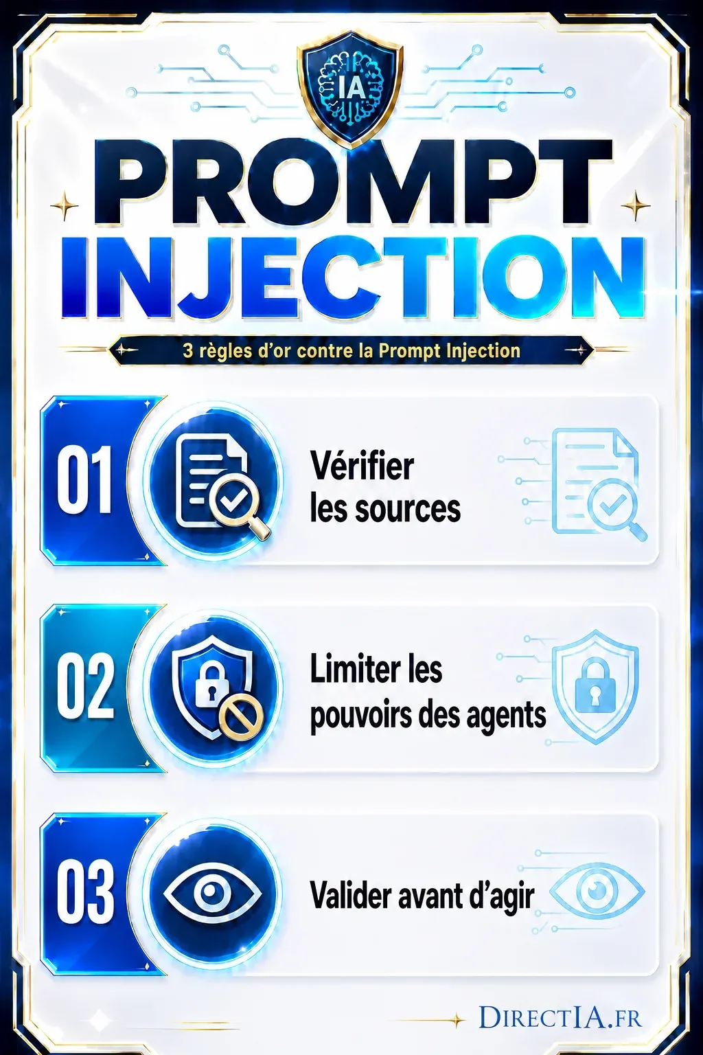 Trois règles contre la prompt injection : vérifier les sources, limiter les pouvoirs et valider avant d’agir.