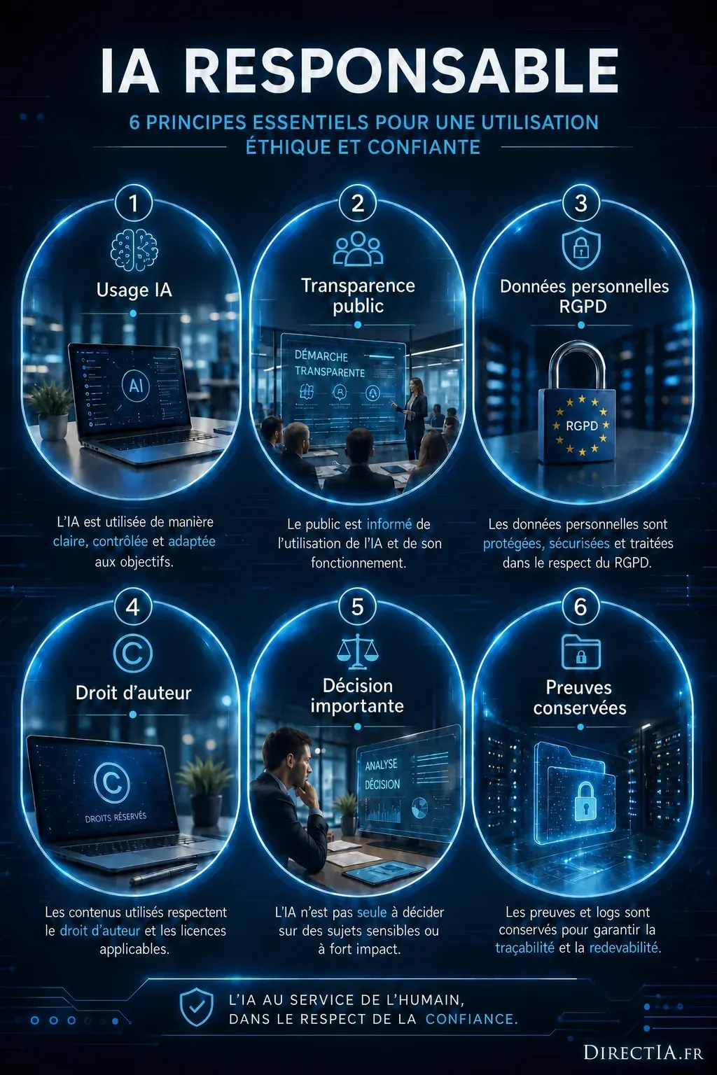 Infographie présentant six principes essentiels pour une utilisation responsable, éthique et fiable de l’IA.
