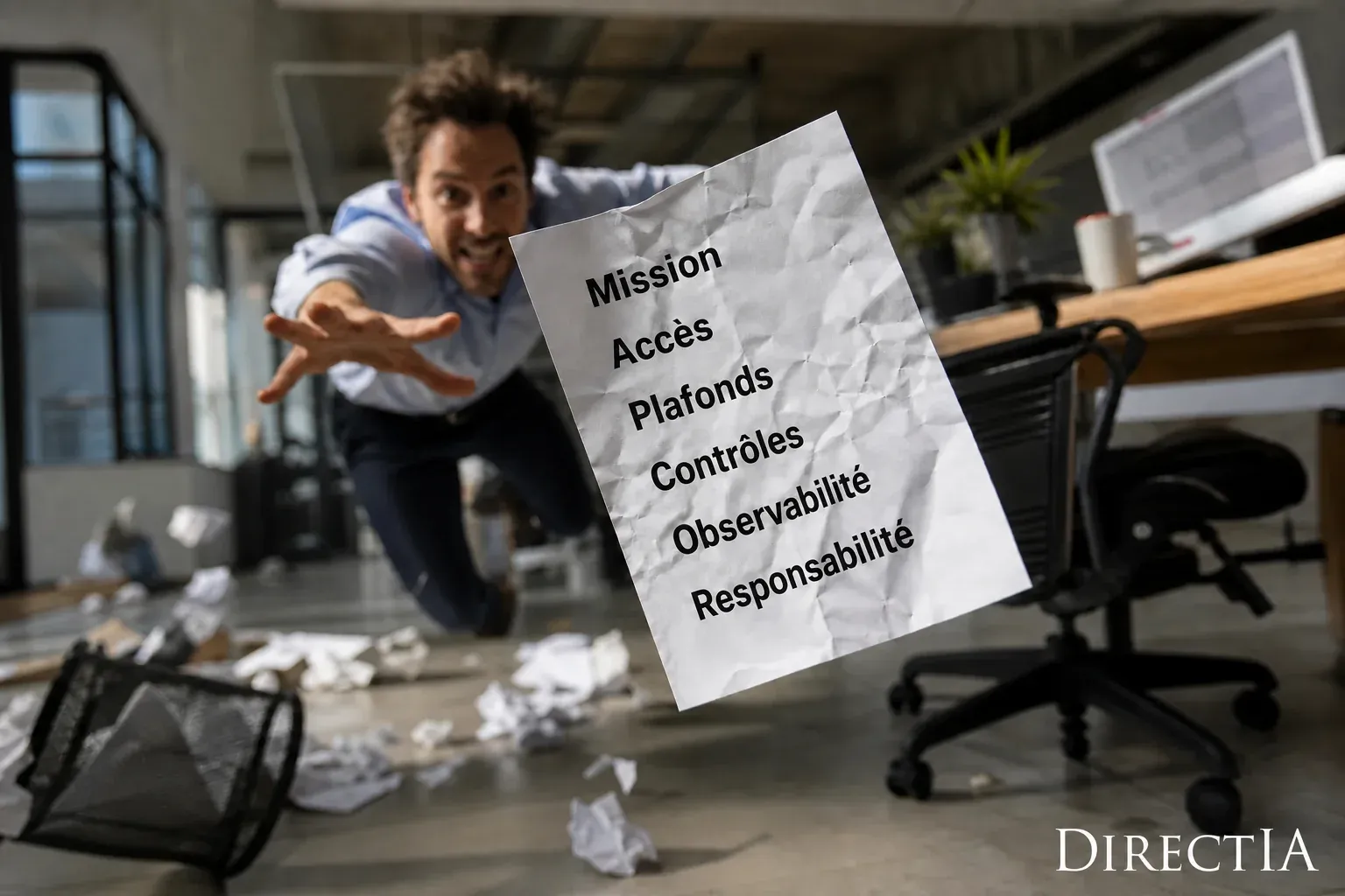 Un homme tente de saisir une feuille listant mission, accès, plafonds, contrôles, observabilité et responsabilité.
