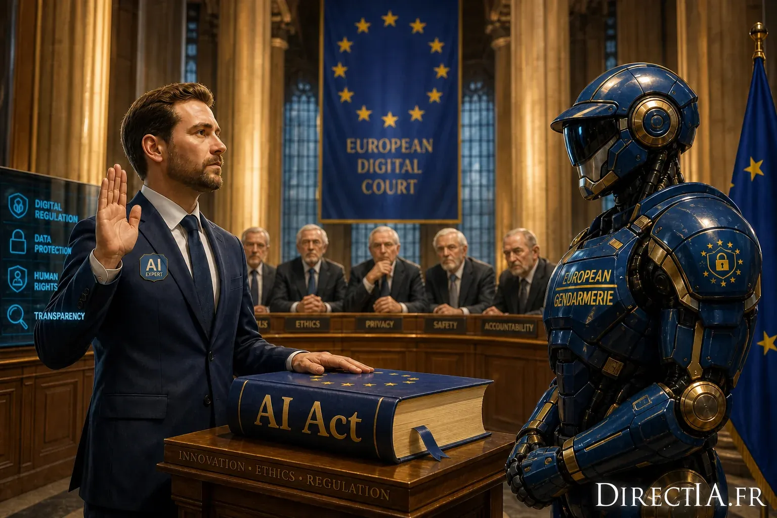 Un expert prête serment face à un robot dans une cour européenne fictive dédiée à la régulation de l’IA.