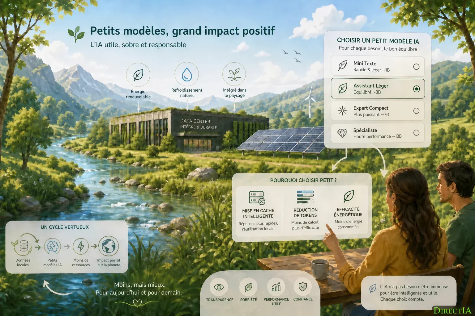Infographie sur de petits modèles d’IA sobres et un centre de données alimenté par des énergies renouvelables.