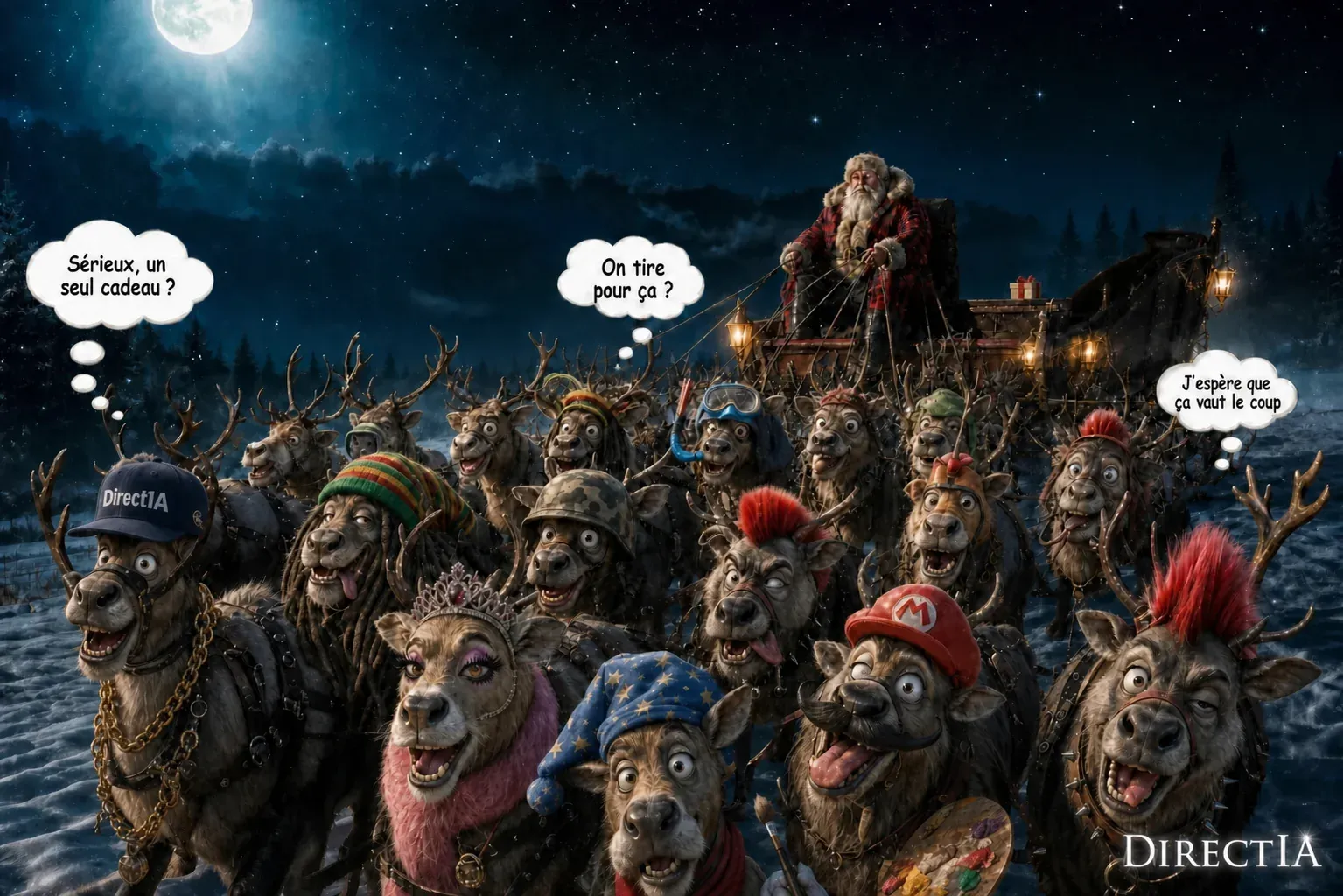 Le Père Noël conduit un traîneau tiré par des rennes costumés qui commentent leur unique cadeau.