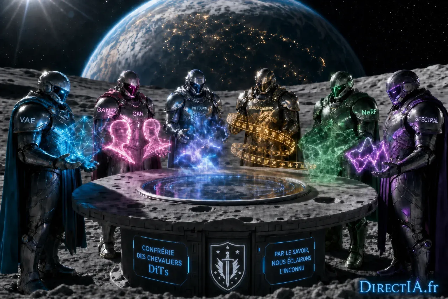Six chevaliers incarnant des modèles d’IA se réunissent autour d’une table holographique sur la Lune.