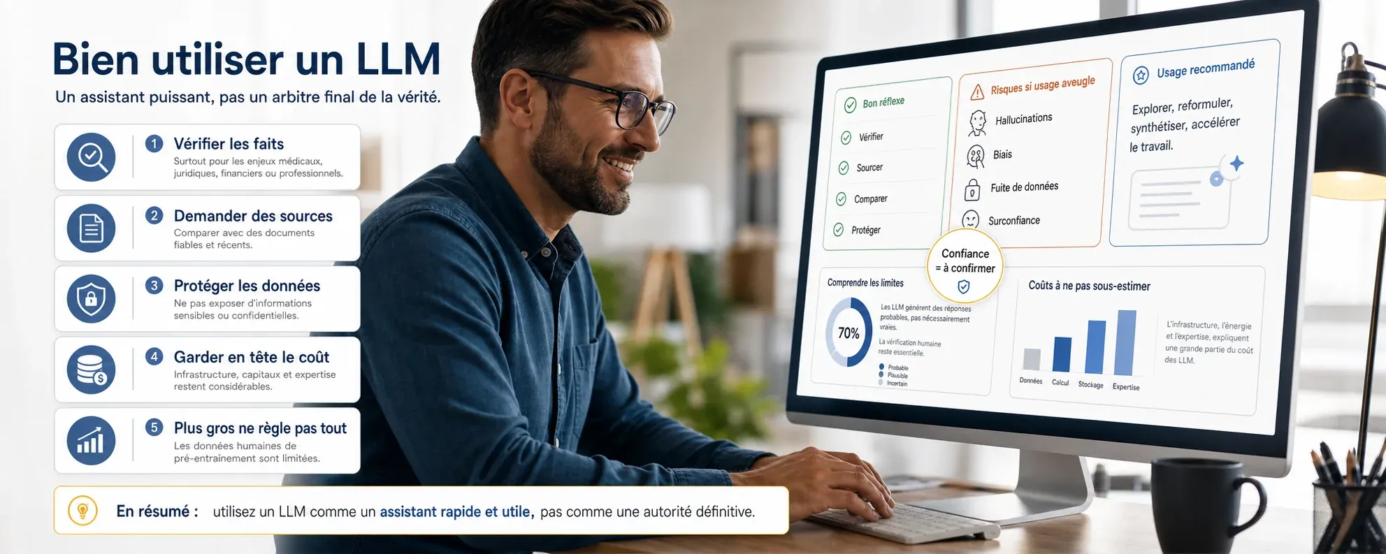 Infographie sur cinq bonnes pratiques pour utiliser un LLM comme assistant sans le considérer comme une vérité absolue.