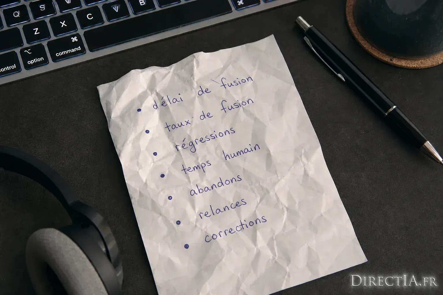 Feuille froissée listant les difficultés d’une fusion, posée près d’un clavier et d’un stylo.
