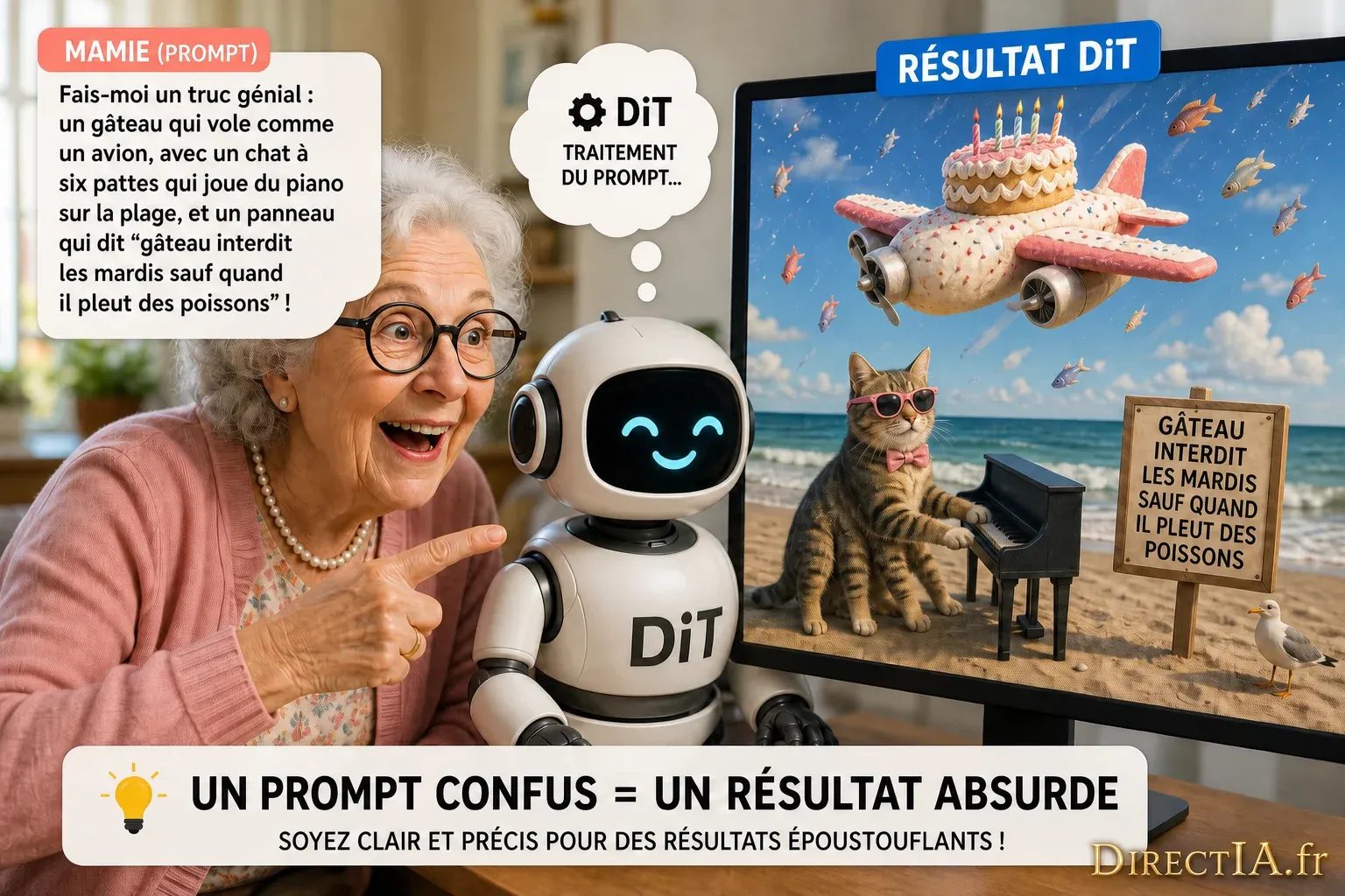 Une femme donne un prompt confus à un robot, qui génère un gâteau-avion et un chat à six pattes.