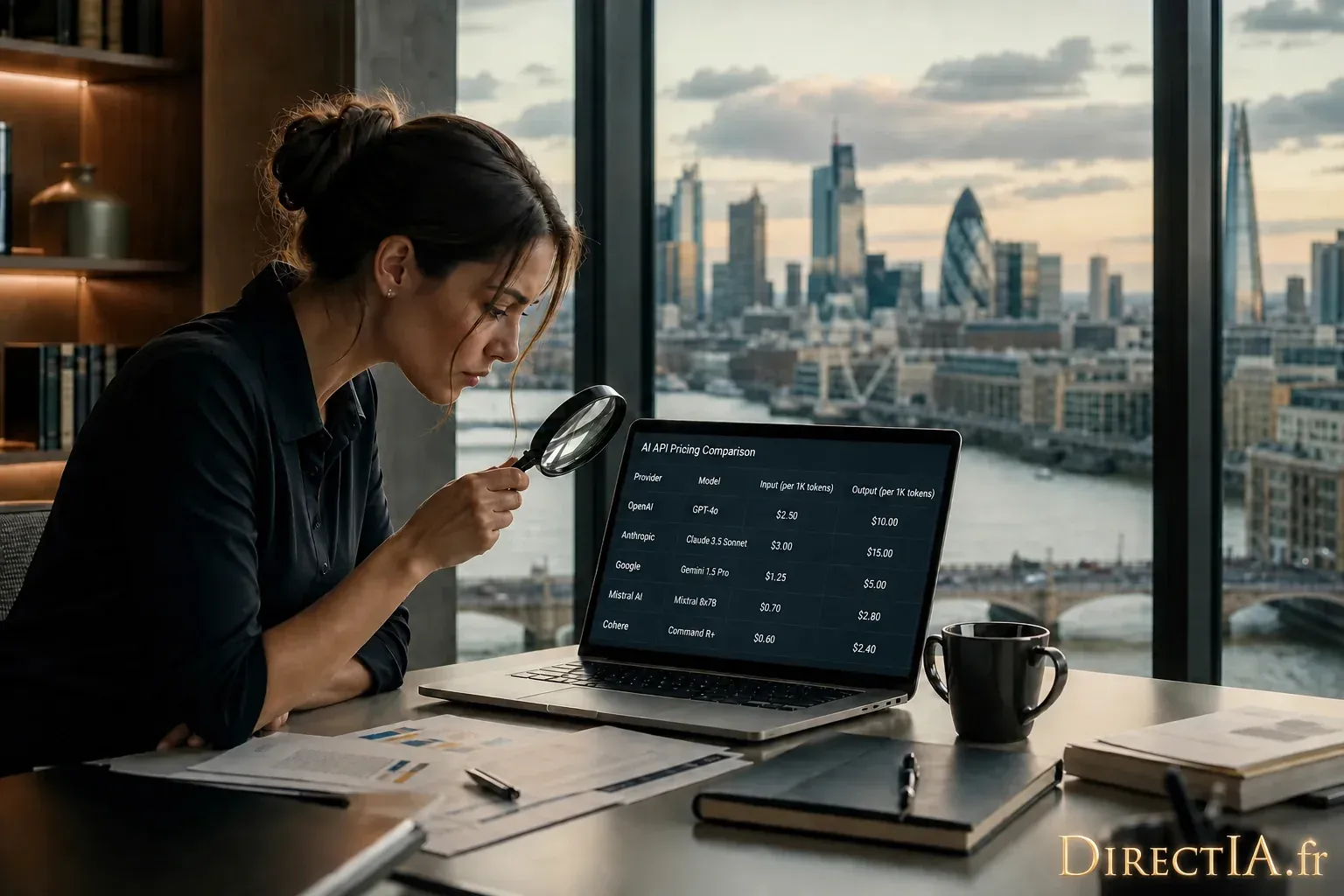 Une analyste examine à la loupe un tableau comparatif des tarifs d’API d’IA sur un ordinateur portable.