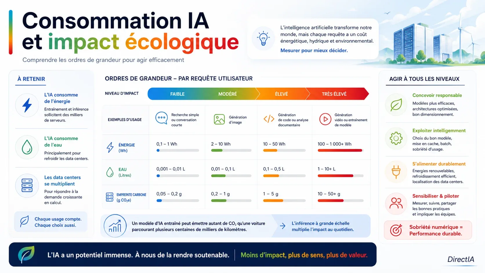Infographie sur la consommation d’énergie, d’eau et de CO2 de l’IA selon le type de requête utilisateur.