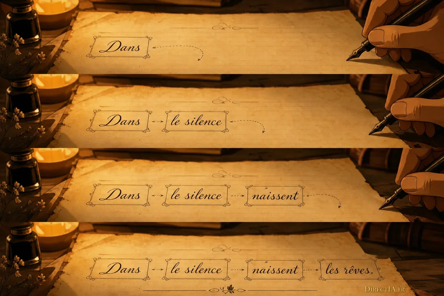 Quatre étapes d’écriture à la plume composent la phrase « Dans le silence naissent les rêves. » sur un parchemin.
