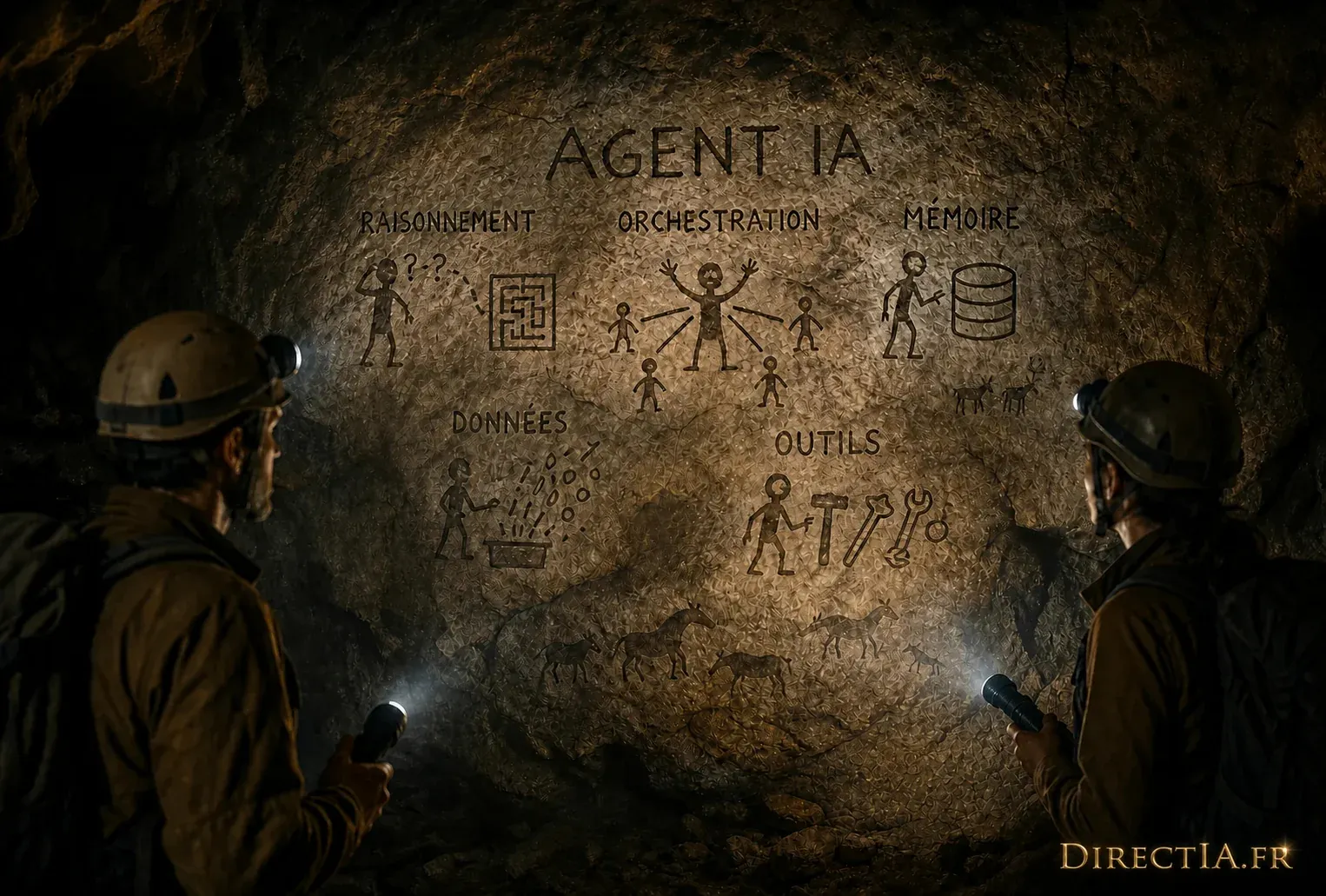 Deux explorateurs éclairent une fresque sur les fonctions d’un agent IA : raisonnement, mémoire, données et outils.