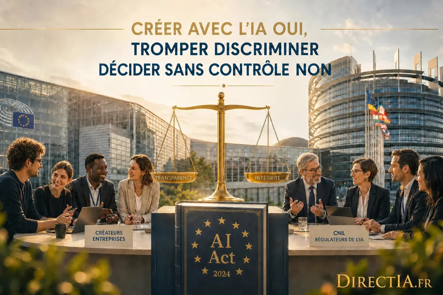Créateurs et régulateurs de l’IA réunis autour d’une balance symbolisant transparence et intégrité.