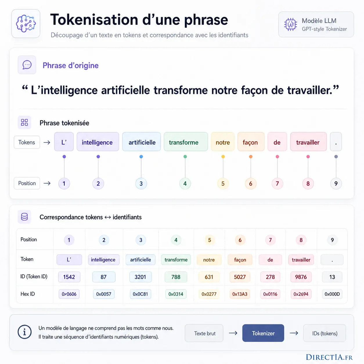 Schéma de tokenisation d’une phrase en neuf tokens associés à leurs positions et identifiants numériques.