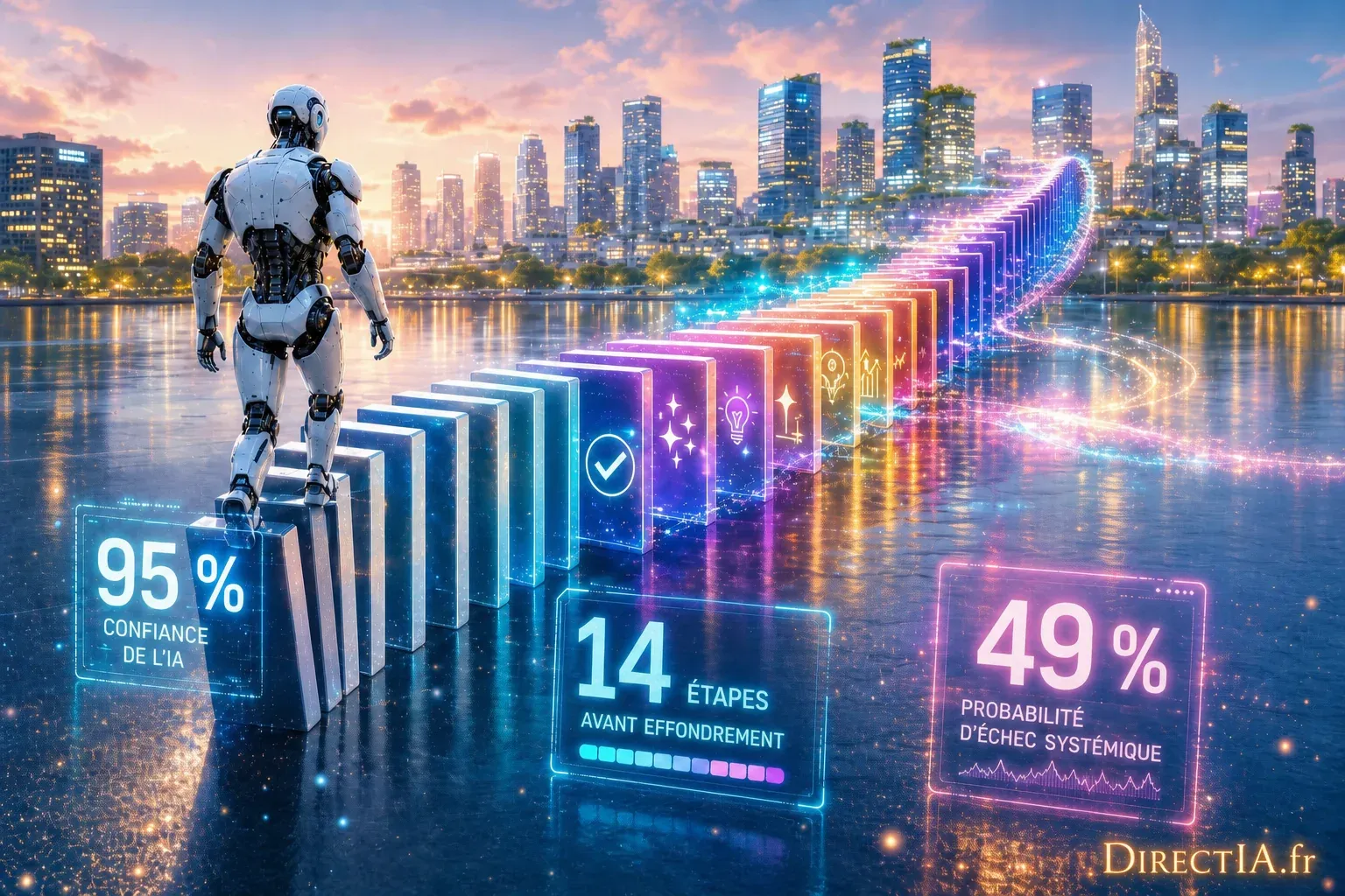 Un robot avance sur des dominos numériques, entouré d’indicateurs de confiance et de risque liés à l’IA.