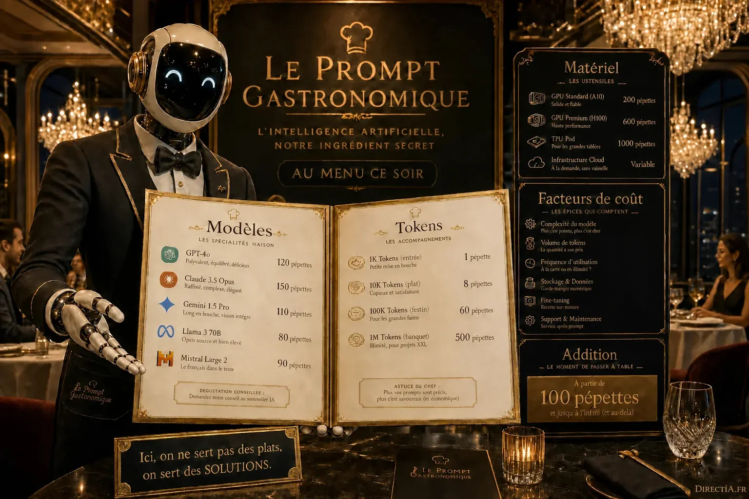 Infographie façon menu gastronomique comparant modèles d’IA, tokens, matériel et facteurs de coût.