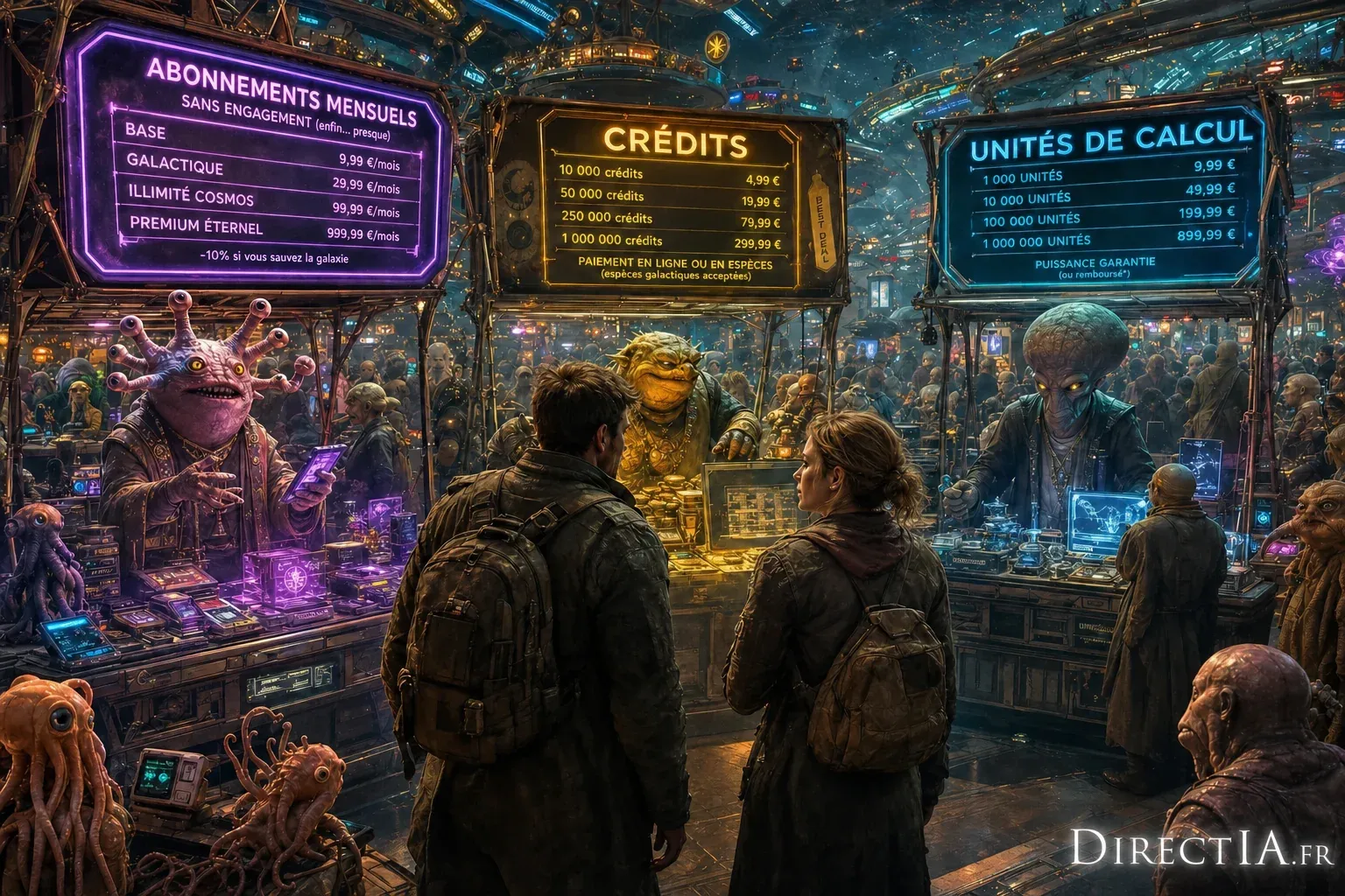 Marché spatial fictif où des extraterrestres vendent abonnements, crédits et unités de calcul à des humains.