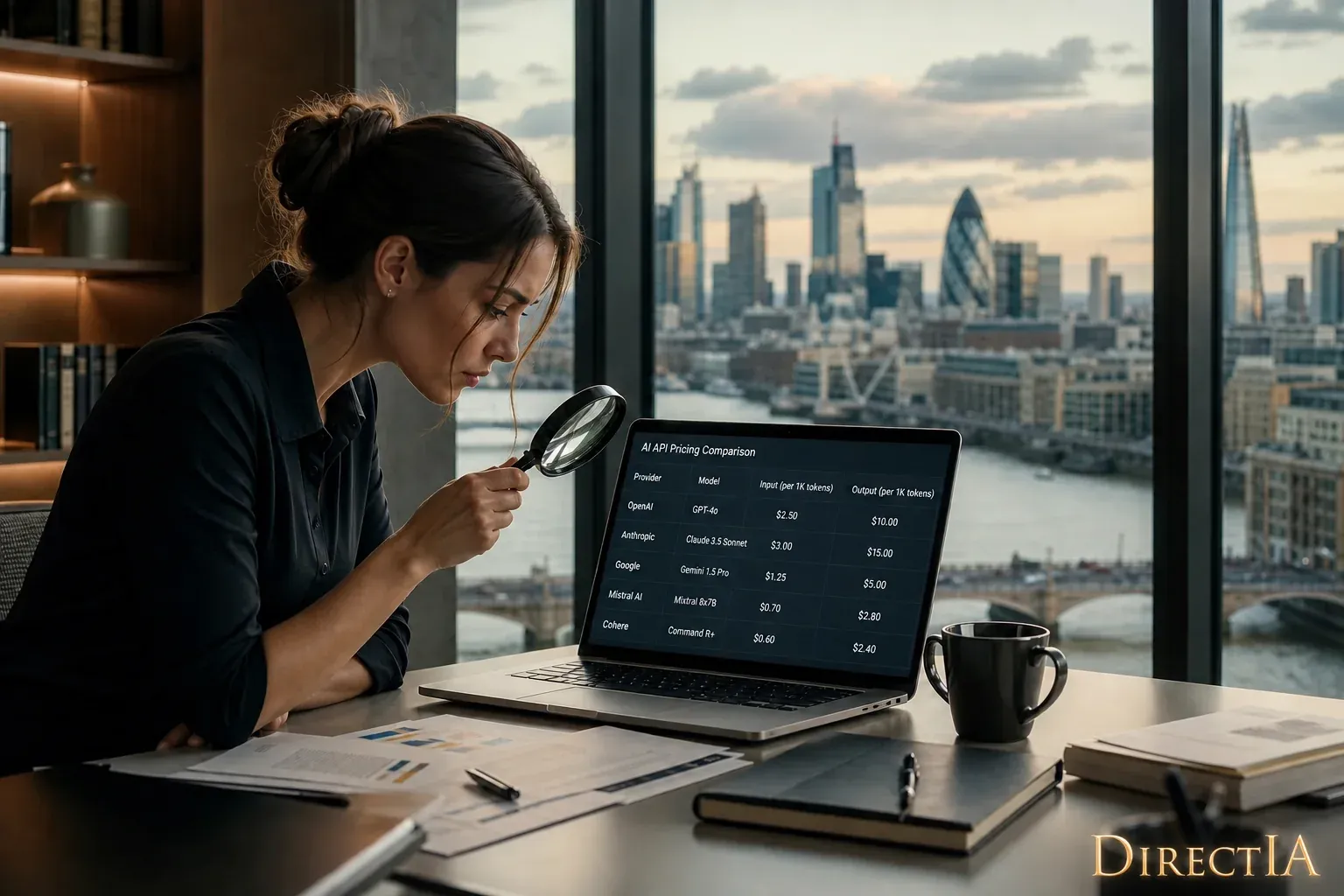 Une femme examine à la loupe un tableau comparatif des tarifs d’API d’IA sur un ordinateur portable.