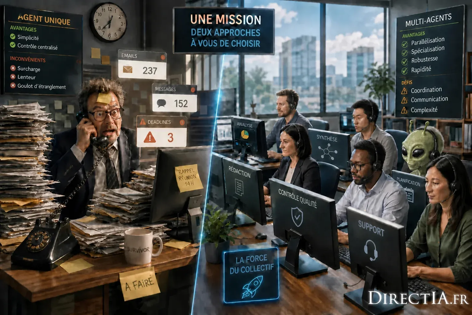 Comparaison entre un agent unique débordé et une équipe multi-agents répartissant les tâches.