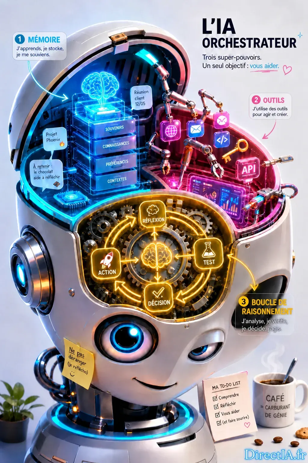Infographie d’un robot illustrant trois fonctions de l’IA : mémoire, outils et boucle de raisonnement.