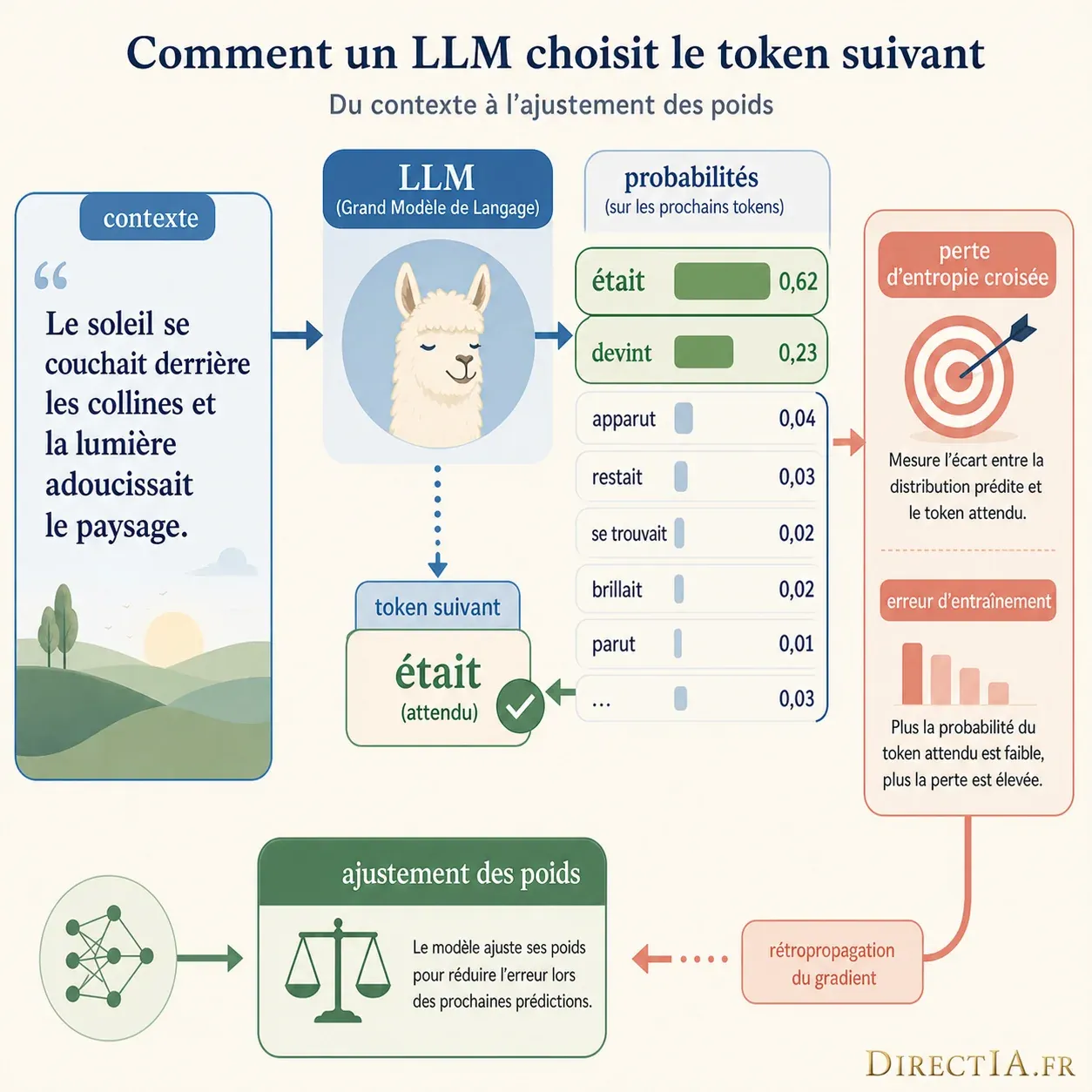 Infographie montrant comment un LLM prédit le token suivant puis ajuste ses poids selon la perte.