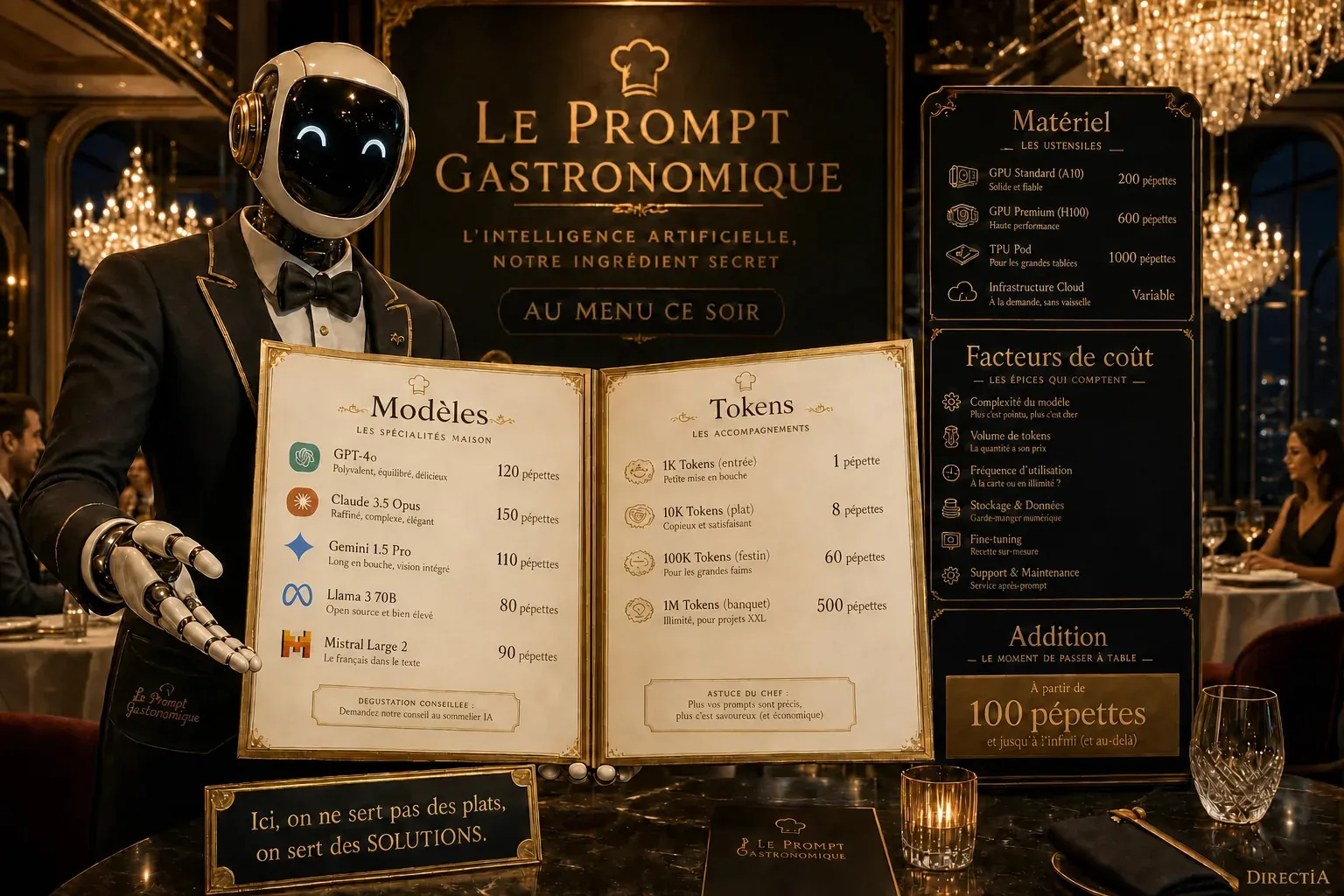 Un serveur robot présente un menu comparant modèles d’IA, tokens, matériel et facteurs de coût.