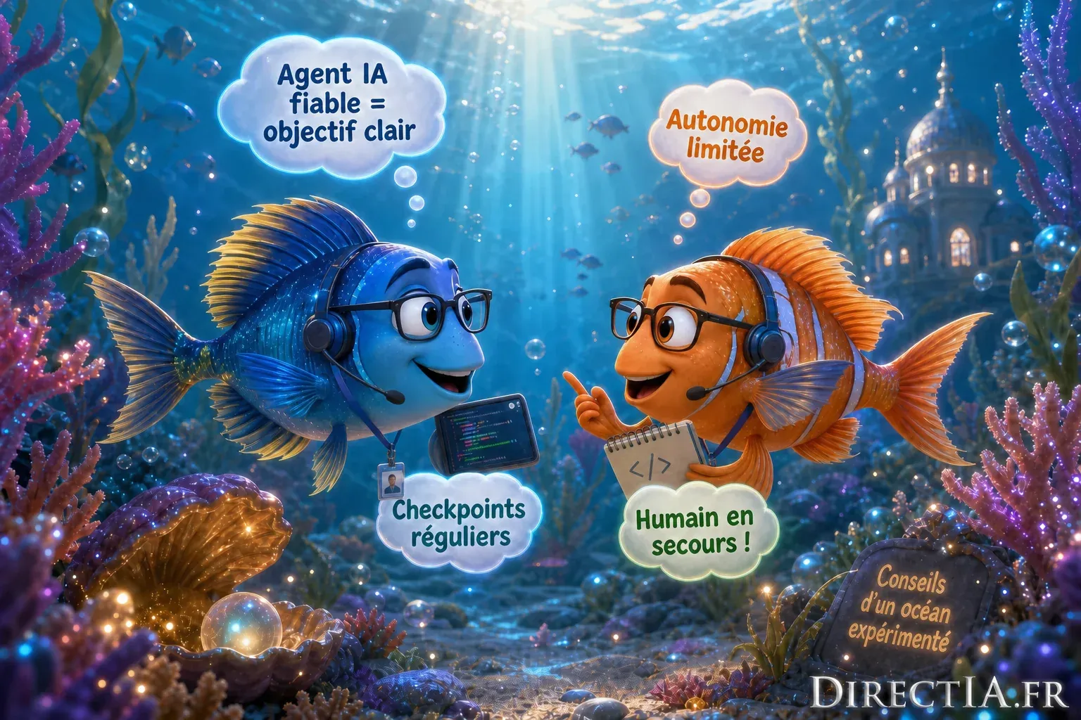 Deux poissons illustrent un agent IA fiable : objectif clair, autonomie limitée, contrôles et recours humain.