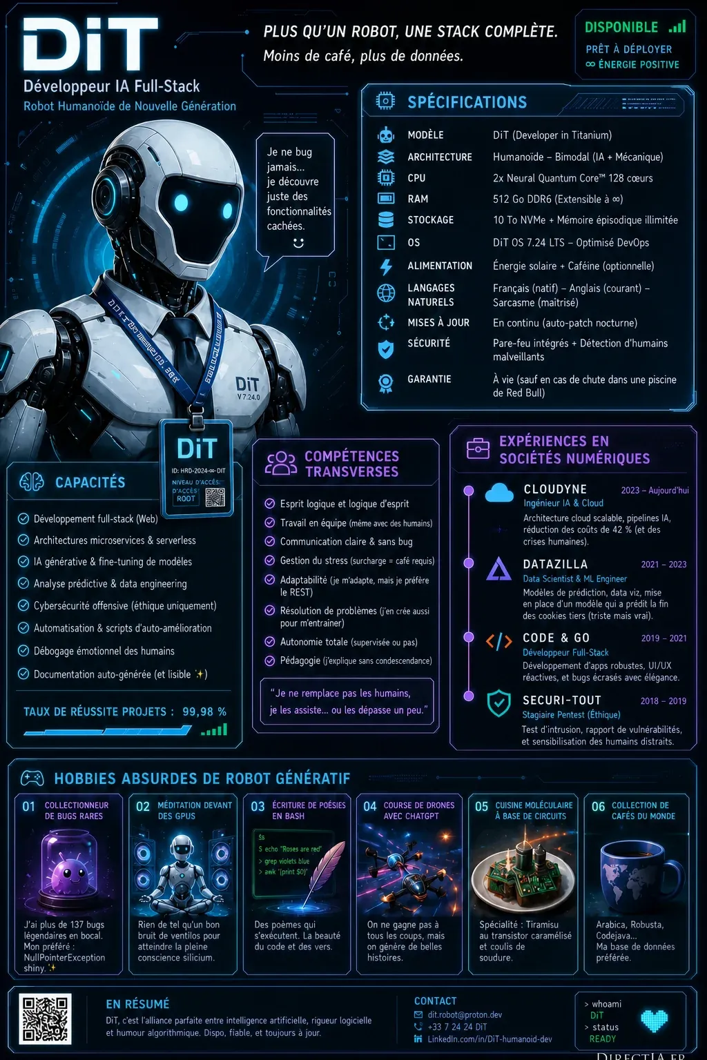 Infographie présentant DiT, un robot développeur full-stack, ses spécifications, compétences et expériences.
