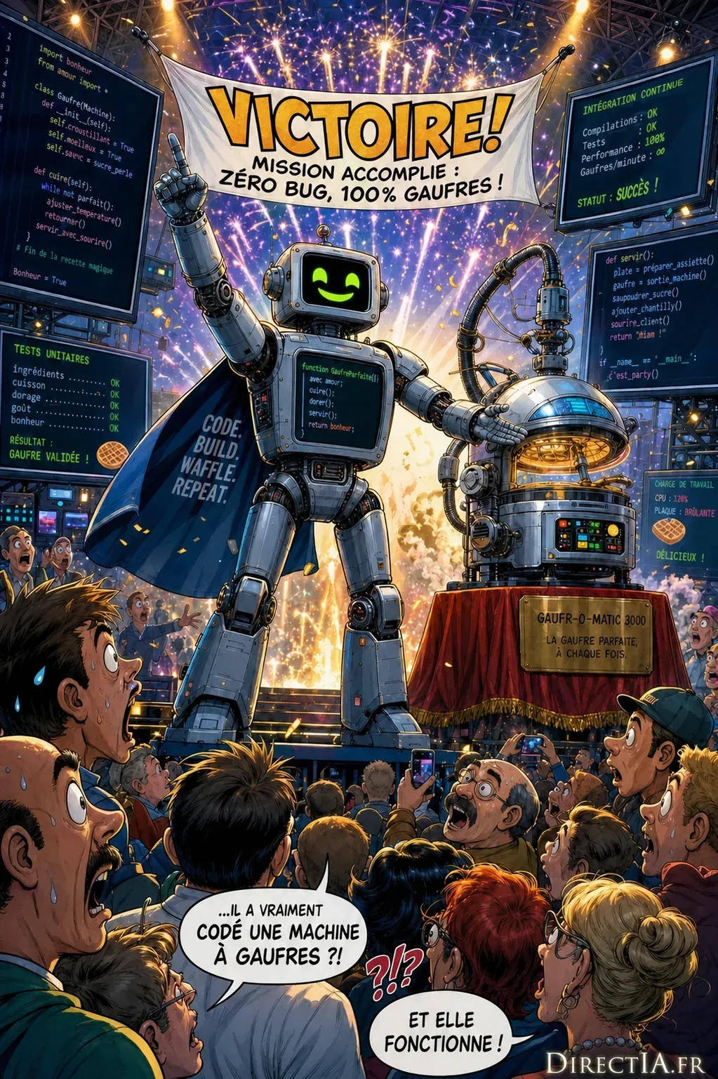Un robot célèbre la réussite de son code devant une machine à gaufres et une foule impressionnée.